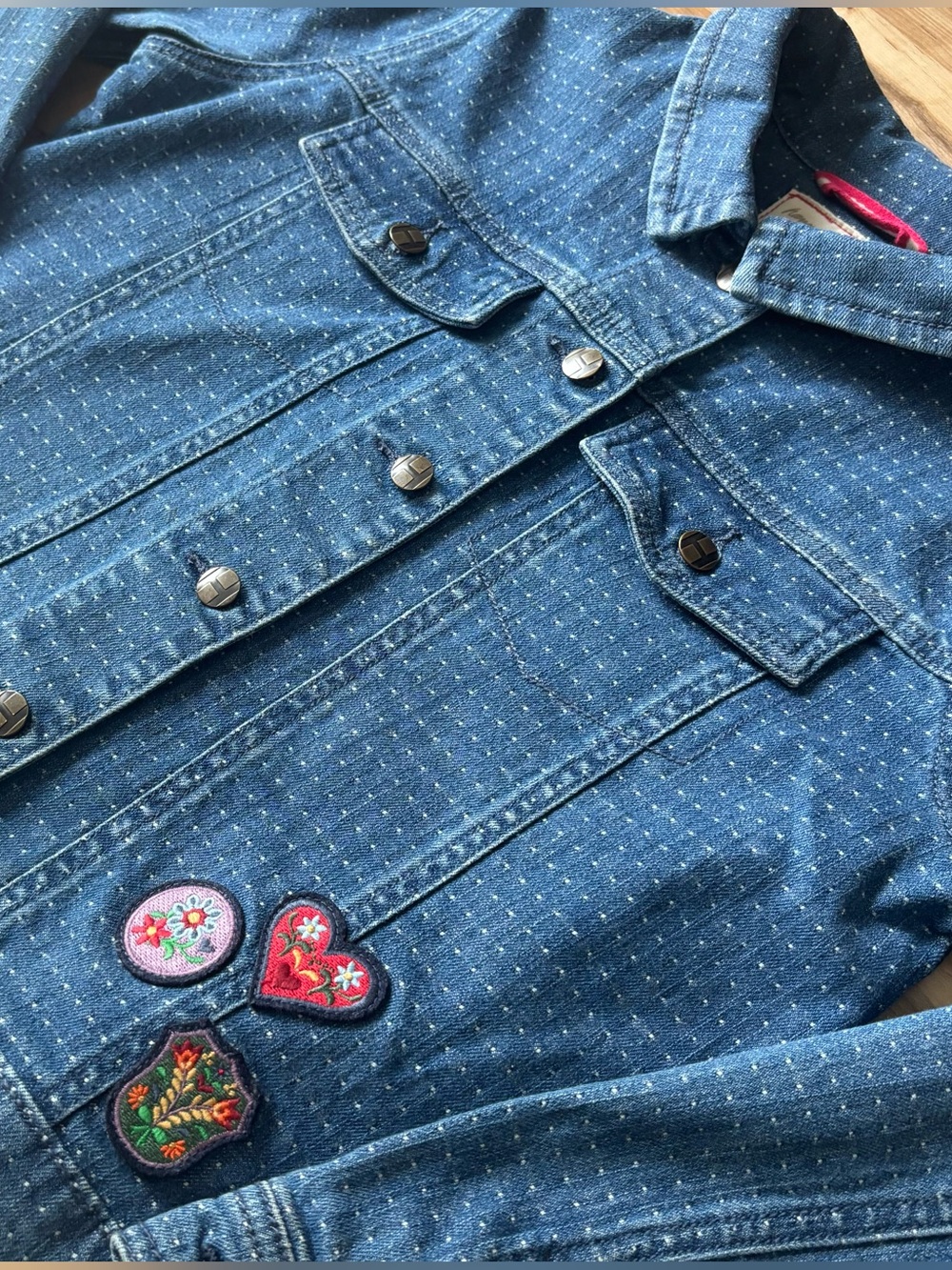 Hanna Andersson Girls Denim Jacket Floral Patches Dotted Artsy Folk 160 14-16